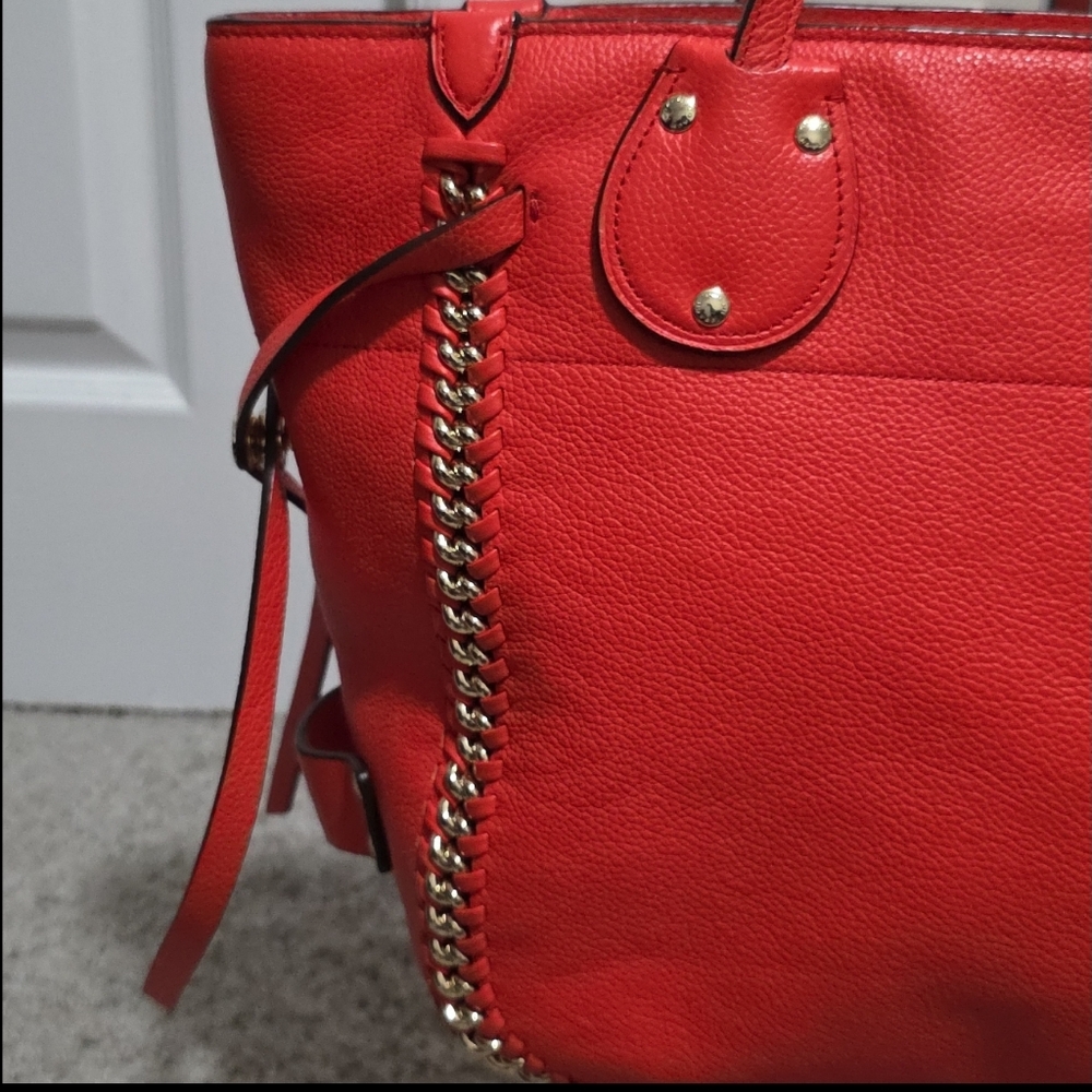 Coach Coral-Red Leather Tote with Whipstitch Accents - Picture 7 of 16